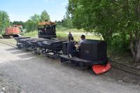 The 1939 Orenstein & Koppel diesel (works no. 11429), complete with locally-added snowplough, in its working environment at the Skyttorps Maskinmuseum in Central Sweden. One of the diggers in the background is used to fill the wagons and the loco moves them to a place where the soil is tipped by hand.<br><br>[Charlie Niven 17/06/2017]