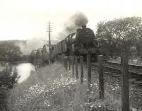 An eastbound freight on the Port Road in the summer of 1956. Horwich Mogul 42915 has just crossed the viaduct over Loch Ken, midway between New Galloway and Parton.  <br><br>[G H Robin collection by courtesy of the Mitchell Library, Glasgow 14/07/1956]