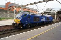 Brand new DRS 68031 waits patiently for the signal to clear at the north end of platform 5, Preston while making a light engine move from Crewe to Carlisle on 26 June 2017.<br><br>[John McIntyre 26/06/2017]