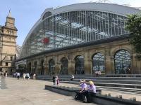 The arches at Lime Street were revealed again when the former Concourse House tower and shops were demolished some years ago during the station refurbishment work, which also included the plaza seen here on a hot Midsummer's Day in 2017.<br><br>[Colin McDonald 21/06/2017]