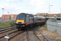 A Grand Central service from Sunderland leaves the first stop at Hartlepool taking the sharp curve as it heads for Kings Cross on 24th June 2017. 43468 is the trailing power car. The small notice reminds rail staff that the Down Line is bidirectional serving the stations only through platform. The Up Line is still used by freight traffic and the bay Platform 2 line in the foreground also sees occasional terminating trains.  <br><br>[Mark Bartlett 28/06/2017]