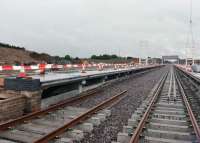 Work on the new station at Forres is progressing well, platforms are nearly complete, the footbridge is being erected and track laid. View  west through the site on 7 July 2017.<br><br>[Alan Cormack 07/07/2017]