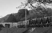 A pair of Class 24s head north from Pitlochry with Presflo cement wagons for Inverness in 1975<br>
<br><br>[Bill Roberton //1975]