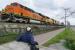 At the border town of White Rock, British Columbia the passage of a mixed freight from the USA provides a distraction for a birdwatcher strolling along the Pacific shoreline on 3 October 2016.  The rear of the train will have just cleared the border, some two miles distant.<br><br>[Malcolm Chattwood 03/10/2016]