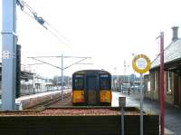 A Dalmuir train awaits its departure time at Lanark in March 2003.<br><br>[John Furnevel 16/03/2003]