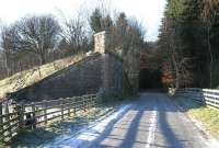 The surviving abutment of the bridge south of Rachan Farm near Broughton which carried the Talla line shortly after it left the SB&B and turned south, November 2005.<br><br>[John Furnevel 30/11/2005]