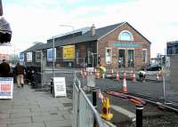 The former Caledonian terminus at Leith North looking west along Lindsay Road in April 2002. The building is currently being used by a marquee hire company.<br><br>[John Furnevel 12/04/2002]