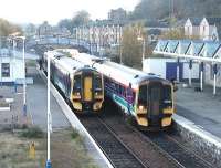 Trains crossing at Dingwall station in November 2003.<br><br>[John Furnevel 23/11/2003]