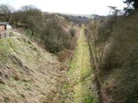 View south over Tynehead station in April 2007 from the road bridge. The former station building is off to the left and a goods yard (reached via a line from a junction in the distance) stood beyond.<br>
<br><br>[John Furnevel 06/04/2007]