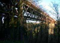 To the south of Larkhall stands Broomhill Viaduct, built by the Arrol Brothers between 1898 and 1904 and claimed to be the tallest viaduct in Scotland. (The structure is also referred to as Larkhall Viaduct, Avon Viaduct and Morgan Glen Viaduct.)  View north across the valley towards Larkhall in December 2005.<br><br>[John Furnevel 12/12/2005]