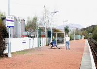 Platform scene at Connel Ferry station looking east in April 2005. The Shell oil depot stands off to the left.<br><br>[John Furnevel 15/04/2005]