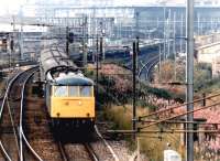 A Kensington Olympia bound <I>Motorail</I> service on the bridge over the goods lines south of Carlisle station in May 1980.<br><br>[John Furnevel 19/05/1980]