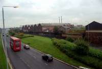 Taken from the former alignment of the Garnkirk and Glasgow approaching Glasgow. view looking east. St Rollox works in centre.<br><br>[Ewan Crawford //]