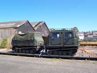 Army vehicles at Montrose with now demolished shed behind.<br><br>[Mick Golightly //]