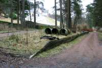 The platform at the railhead at Victoria Lodge on the former branch south from Broughton in February 2006. The trackbed of the line which originally climbed to the top of the dam sets off to the left. Victoria Lodge itself stands atop the hill, with the former EDWT Boardroom still looking out across Talla reservoir [see image 6645]. <br><br>[John Furnevel 01/02/2006]