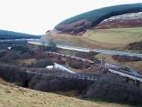 Virgin service passing Harthope Viaduct heading north. One railway and five roads running parallel.<br><br>[Ewan Crawford //]