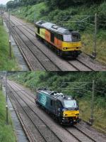Consecutive light engine movements from Carlisle on the WCML on 6th July 2017. Colas 60026 is seen working south at Forton heading for Preston and an appearance at the ELR diesel gala. Behind it, almost on double yellows, is brand new electro diesel 88007 <I>Electra</I> (a name Triang-Hornby enthusiasts of a certain age will remember well) on a return test run to Crewe.<br><br>[Mark Bartlett 06/07/2017]