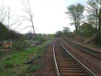 Looking east along the Edinburgh sub in April 2002, with Lady Road allotments on the left and Cameron Toll bridge just visible in the background [see image 38115]. [Ref query 1653]<br><br>[Charlie Niven 25/04/2002]