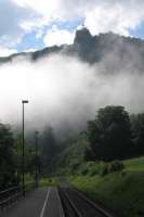 Early morning atmospherics at Beuron station on 10th June 2017, as mist lifts from the Danube gorge after overnight thunderstorms.<br><br>[David Spaven 10/06/2017]