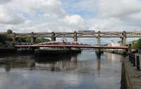 The road deck of the High Level Bridge is briefly quiet as a Pacer trundles above, nearing the end of its run from Middlesbrough to Newcastle on 26th June 2017. <br><br>[Mark Bartlett 26/06/2017]