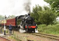 First day back in service for 2MT 2-6-2T No. 41313, restored to full working order by the East Somerset Railway. BR Crewe built to an Ivatt LMS design in 1952 and rescued from Barry in typical scrapyard condition it was initially kept at Quainton Rd. It is planned to eventually operate it on the Isle of Wight Steam Railway, whose supporters were present to see the inauguration.<br>
<br><br>[Peter Todd 24/06/2017]