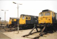 August 2017 will mark 30 years since the last class 27 was withdrawn. This view shows the stabling area next to Aberdeen station in the goods yard, used after Ferryhill closed.  This was the last time I photographed a Class 27 in service, although I did not know that at the time. [Ref query 1658] <br>
<br><br>[Crinan Dunbar /05/1987]