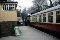 The signal is off and the train is almost ready to depart from Alresford on the Mid Hants Railway with a service to Medstead and Four Marks in December 1983<br><br>[John McIntyre /12/1983]