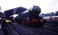 Ex LMR WD 2-10-0 no.600 stands in the shed yard at Bridgnorth on the Severn Valley Railway in a dull and wet summers day in May 1979.<br><br>[John McIntyre /05/1979]