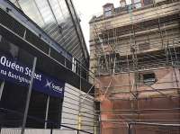 Scaffolding has been erected at the west end of the listed original building of the Millenium Hotel. The unlisted and unloved extension over the present Queen Street entrance to the station is due for demolition as part of the redevelopment of the station.<br><br>[Colin McDonald 28/07/2017]