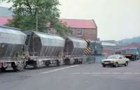 08 515 (I think) with a trip working of china clay from Thornton is seen entering the Tullis Russell plant at Markinch in August 1986. From here the line curved left to a head shunt where the the unloading point was. (taken during a working visit)<br>
<br><br>[Douglas McPherson /08/1986]