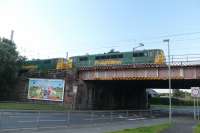 86612 and 86608 emerging from Coatbridge F.L.T crossing Gartsherie Road with a container train for Felixstowe North F.L.T. (12/07/17)<br>
<br><br>[Alastair McLellan 12/07/2017]