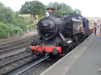 Hawksworth Pannier Tank 1501 at the head of the 10.50 to Kidderminster. This small<br>
class of engines were designed as heavy shunters but their main use was taking long trains of empty stock between Paddington and Old Oak Common, hence the 81A shed plate. Note the outside valve gear - unusual for a GWR locomotive.<br>
<br><br>[John Thorn 18/07/2017]