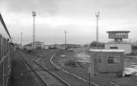 View from a North Berwick-bound dmu of Millerhill depot with the former Up Yard control tower on the right. The DMU was diverted via the Abbeyhill loop and Millerhill Yard due to electrification work on the main line.<br><br>[Bill Roberton //1989]