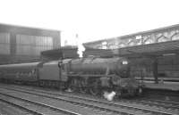 The 0837 Glasgow Central - London St Pancras waiting to leave Carlisle on a grey Saturday morning in August 1965. Locomotive in charge is Black 5 4-6-0 44672.<br><br>[K A Gray 14/08/1965]