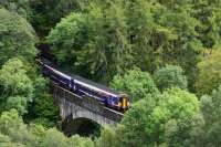 The, very late running, Glasgow Queen St. to Mallaig service crossing Borrodale Viaduct consisting of a four car multiple unit led by 156458.<br><br>[John Gray 02/08/2017]