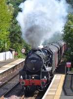 45407 charges into Aberdour with the SRPS Fife and Borders steam special, banked by 37685, on 13 August 2017.<br><br>[Bill Roberton 13/08/2017]