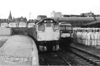 Class 27 and 47 locomotives at the stabling point to the west of Aberdeen station, the approach to the former Guild Street Goods in the 1980s. The site of the goods yard is now under the Union Square Shopping Centre development.<br><br>[Crinan Dunbar //]