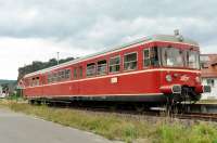 AVG Railcar VT452 at Dahn Süd with a service from Bundenthal-Rumbach, the terminus of the Wieslauterbahn, to Karlsruhe Hauptbahnhof.  The railcar was built by Maschinenfabrik Esslingen in 1958 for the Deutsche Eisenbahn-Betriebs-Gesellschaft (DEBG). The AVG (Albtal Verkehrs Gesellschaft - a railway company owned by the city of Karlsruhe) acquired it in 1994 along with the Kraichtal and Katzbachtal lines (Ubstadt to Menzingen and Bruchsal to Odenheim respectively). It remained in regular service until 2000 and was restored to its original condition in 2009/10. When we first visited Dahn, in 1992, there were no passenger services on the Wieslauterbahn.  Regular services were re-introduced in 1997, but only on Sundays and public holidays.  Since then this has increased to include Saturdays and Wednesdays.  [With thanks to Bill Jamieson for loco information.]<br><br>[Norman Glen 17/06/2017]