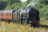 35018 British India Line arrives in the Up loop at Hellifield whilst on the second loaded test run around the 'Carnforth Circuit' on 17 August 2017. The train comprised of twelve coaches without any diesel assistance.<br><br>[John McIntyre 17/08/2017]