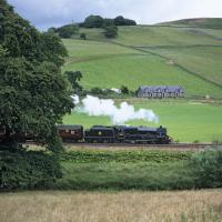 Black 5 45407 approaching the north end of Bowshank Tunnel at around 12:35 on Sunday 6th August 2017, seen against the background of Torsonce Hill and Bow Farm Cottages.<br>
<br><br>[Bill Jamieson 06/08/2017]