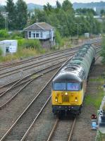 Colas 56302 enters Stirling with the threatened Grangemouth Ineos - Lairg fuel tanks on 23rd August 2017.  Stirling Middle signal box is in the background.<br>
<br>
<br><br>[Bill Roberton 23/08/2017]