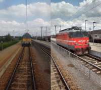 At Hodos the through trains from Slovenia to Hungary change locomotives before crossing the border. The red Slovenian electric loco has been detached and is running back through the station before (viewed through the corridor connection) a blue and yellow MAV electric draws up to take the train on to Budapest. Photo by Mark Edwards.<br><br>[Mark Bartlett Collection 08/08/2017]