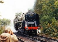 Enter the Star of the show. On a visit to the NYMR is BR's last steam locomotive Class 9F 2-10-0 no 92220 <I>Evening Star</I>. From construction this loco was intended to be preserved. Thirty years after this shot was taken she is now on static display in a train museum not so far away. <br><br>[Charlie Niven //1987]