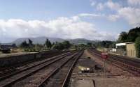 Looking south from the island platform at Aviemore on a quiet morning, 15 August 1989. At the bottom of the platform ramp the bases of the water columns could still be seen.<br><br>[John McIntyre 15/08/1989]