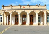 The impressive station portico at Boston, Lincolnshire, photographed in September 2002. The station was opened by the Great Northern Railway in 1848.<br><br>[Ian Dinmore 23/09/2002]