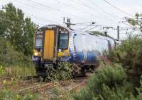 380020 passes the site of Bogside Junction.<br><br>[Ewan Crawford 17/08/2017]