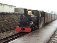 Former Penrhyn Quarry Hunslet 2-4-0ST+T <I>Blanche</I> (589/1893) arriving at Blaenau Ffestiniog on 13 October 1982 in pouring rain with a train from Porthmadog.<br><br>[John Furnevel 13/10/1982]