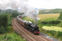 The SRPS Railtour from Linlithgow to Tweedbank battles up Borthwick<br>
Bank, with both locos working hard - 44871 at the front and 37 685 at the<br>
rear.<br><br>[David Spaven 20/08/2017]