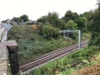 The location for the temporary pedestrian and services bridge, now cleared and awaiting the start of work on the foundations. A crane pad will be constructed behind the fence at the top of the cutting opposite.<br><br>[Colin McDonald 07/09/2017]