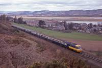 Viewed from Clatchard Craig an Edinburgh - Aviemore charter HST passes Newburgh.  28th April 1979.<br><br>[Graeme Blair 28/04/1979]